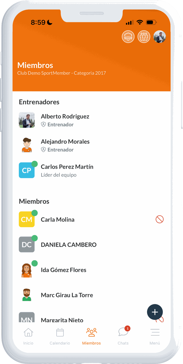 La lista de miembros en la app de SportMember